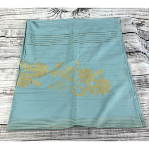 Vintage Blue Rectangular Dining Room Table Cloth w/ Gold Cross Stitch Flowers